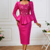 Fashion Square Neck Sequin Dress Long Sleeve Slim Waist Ruffle Bodycon Evening Party Dress