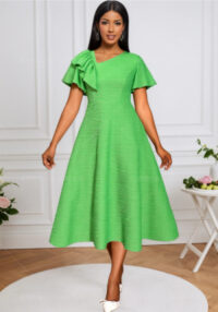 Fashion Water Wave Slash Shoulder Party Dress Asymmetric Ruffle Slim Waist A-Line Dress