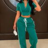 Fashion Women Zipper Short Sleeve Short Top Loose Pants Casual Two-Piece Set