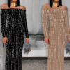 Fashion Women's Elegant Long-Sleeve Off Shoulder Rhinestone Bodycon Dress