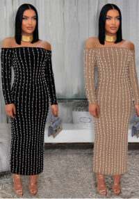 Fashion Women's Elegant Long-Sleeve Off Shoulder Rhinestone Bodycon Dress
