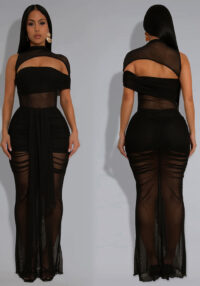 Fashion Women's Sexy See-Through Mesh Long Dress Set