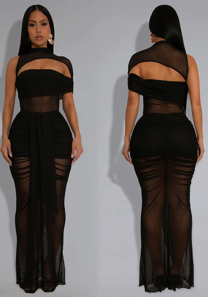 Fashion Women's Sexy See-Through Mesh Long Dress Set