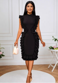 Fashion Women's Stand Collar Ruffle Sleeveless Slim Formal Party Dress