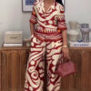 Fashion Women's Turndown Collar Printed Shirt & High-Waisted Wide-Leg Pants African Chic Elegant Two-Piece Set For Summer