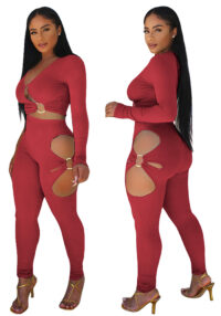 Fashionable Women's Solid Color High-Stretch Ribbed Sexy V-Neck Two-Piece Pants Set