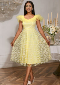 Floral Mesh Square Neck Elegant A-Line Slim Waist Party Evening Dress