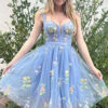 Flower Embroidered Strap A-Line Mesh Short Evening Dress（Processing time need 3-6 days）