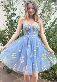 Flower Embroidered Strap A-Line Mesh Short Evening Dress(Processing time need 3-6 days)