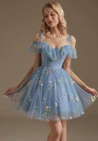 Flower Embroidered Strap Ruffled Off Shoulder A-Line Mesh Short Evening Dress(Processing time need 3-6 days)