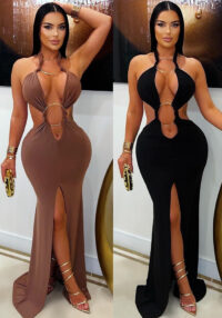 Formal Halter Neck Hollow Mermaid Slit Dress