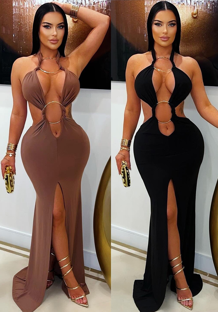 Formal Halter Neck Hollow Mermaid Slit Dress