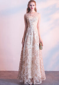 Formal Party Long Gown Wedding Chic Lace Champagne Evening Dress(Processing time need 3-6 days)