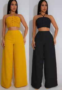 Halter Drawstring Top High-Waist Side-Zipper Loose Pants Two-Piece Set