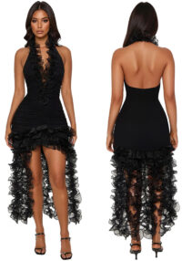 Halter Neck Deep V Solid Color Ruffle Dress