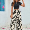 Leaf Print Casual Wide Leg Pants Short Sleeve Tight Fitting Crop T-shirt Spring and Summer Two-piece Pants Suit