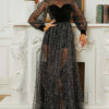Long Sleeve Round Neck Formal Party Sequin Mesh Evening Dress Female Bridesmaid Gown