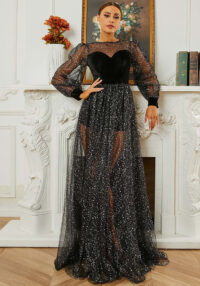 Long Sleeve Round Neck Formal Party Sequin Mesh Evening Dress Female Bridesmaid Gown