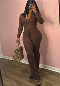 Long Sleeve Slim Zipper Top Elastic Butt Lift Bell Bottom Pants Casual Set