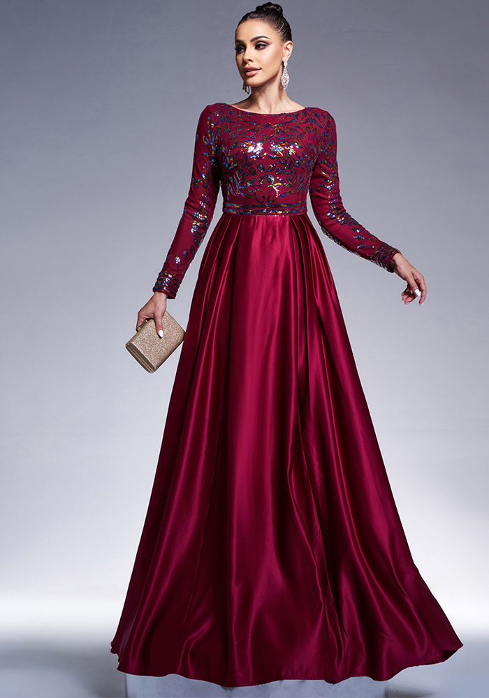 Luxury Long Sleeve Chic Round Neck Long Sequined Formal Party Swing Evening Dress Bridesmaid Dress