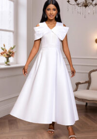 Off-Shoulder Sexy V-Neck Bow White Formal Party Dress Slim Waist Elegant Evening Gown
