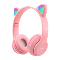 P47 Kids Headphones With Cat Ear RGB Led Light Up Foldable Over-Ear Headphones With AUX 3.5mm Wireless Headset pink