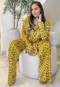 Plus Size African Women Casual Long-Sleeved Printed Shirt and Wide-Leg Pants Two-Piece Set