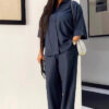 Plus Size African Women Casual Solid Turndown Collar Shirt and Wide-Leg Pants Two-Piece Set