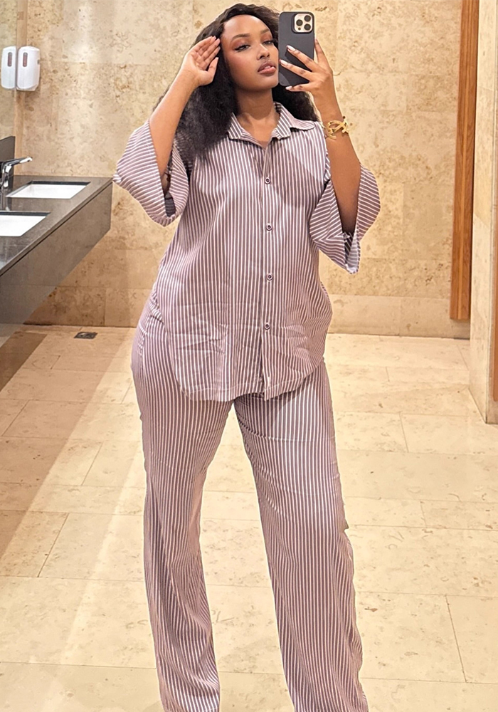 Plus-size African Women casual turndown collar striped shirt and wide-leg pants two-piece set