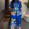 Plus-size African Women short-sleeved Turndown Collar Printed Cardigan Shirt and Casual Pants Two-Piece Set