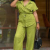 Plus Size Women Casual African Solid Turndown Collar Top and Trousers Two-piece Set