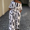 Plus Size Women Summer Off Shoulder Printed Short Sleeve Jumpsuit