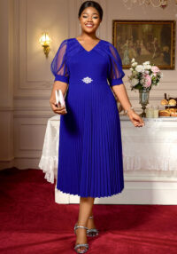 Plus Size Women's V-Neck Career Pleated Dress Formal Church Short Mesh Sleeve A-Line Party Dress