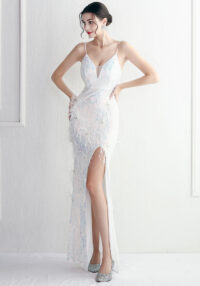 Positioning Flower Beading Wool Dress Long Formal Party Slim Evening Dress
