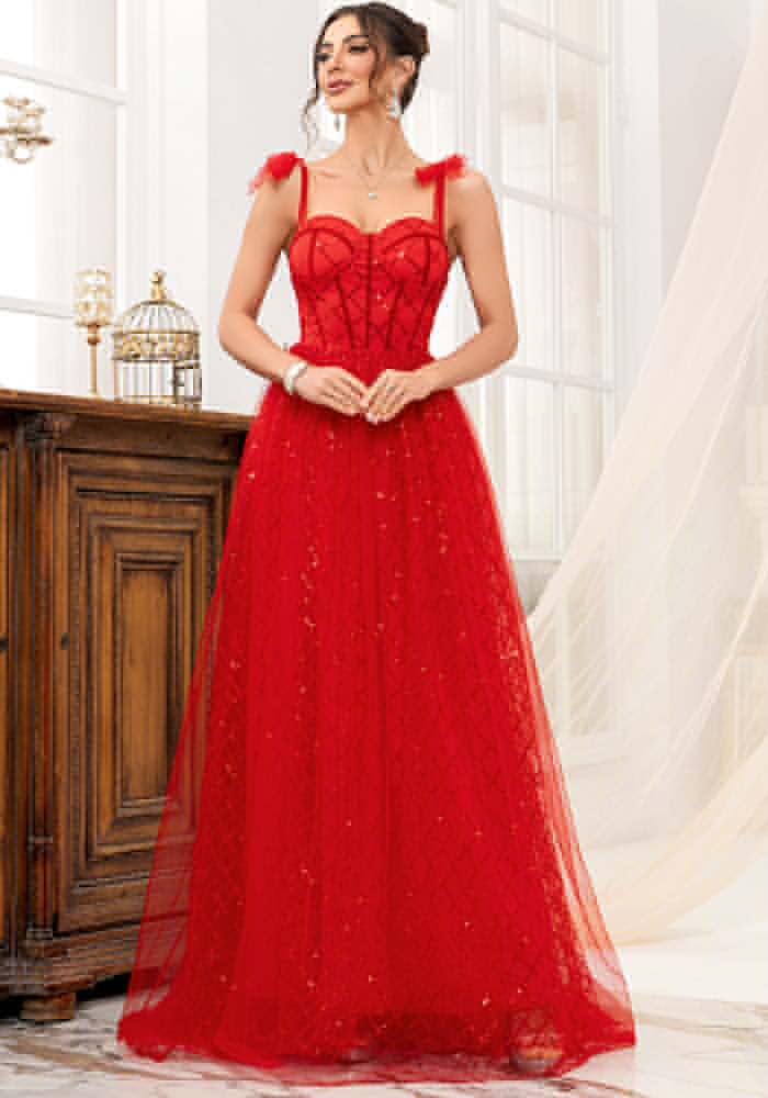 Red Strap sequin Mesh Formal Party Long Evening Dress