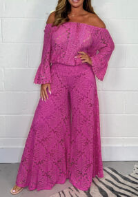 Rose Off-Shoulder Tie Loose Bell-Bottom Sleeve Top & Wide Leg Loose Pants Set