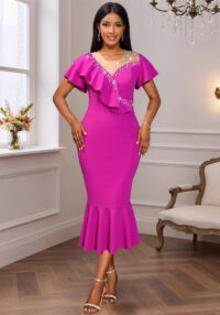 Round Neck Beaded Asymmetric Flounce Slim Fit Formal Party Mermaid Party Dress