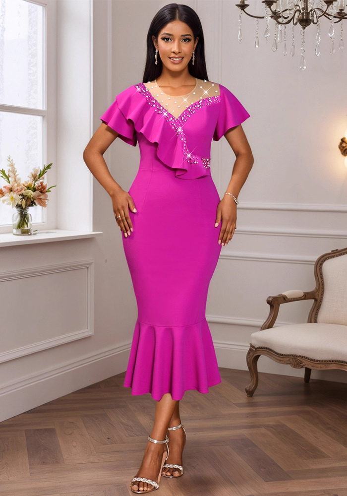 Round Neck Beaded Asymmetric Flounce Slim Fit Formal Party Mermaid Party Dress