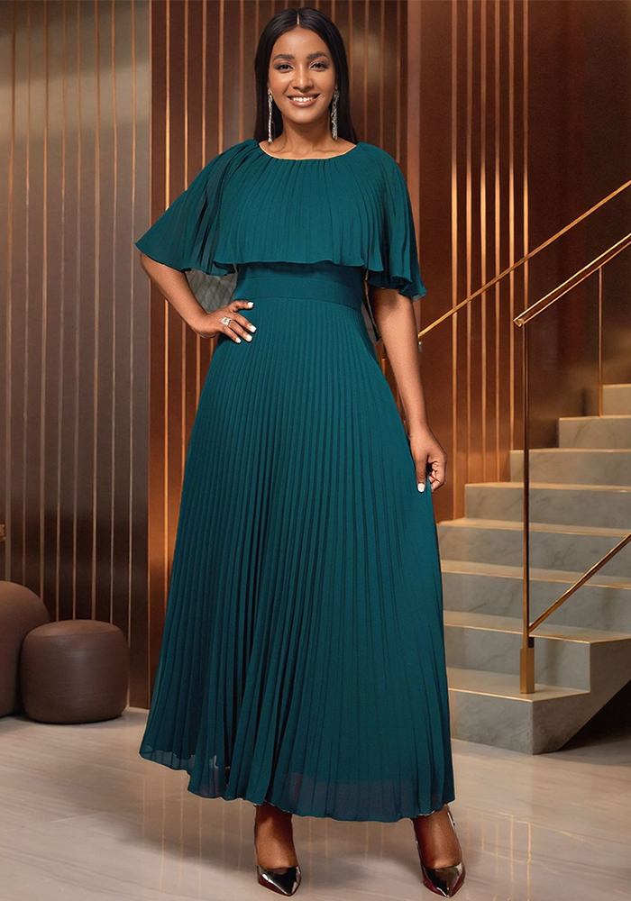 Round Neck Cape Short-Sleeve Dress Fashionable Formal Pleated Gown