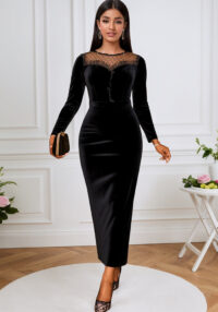 Round Neck See-Through Velvet Dress Sexy Mesh Patchwork Long Sleeve Slim Bodycon Evening Dress