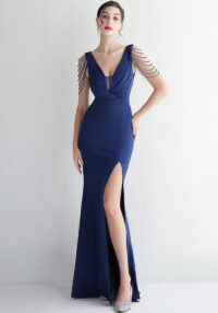 Satin Beaded Long Formal Party Slim Fit Evening Gown Chic Elegant Long Sequined Annual Meeting Host Dress