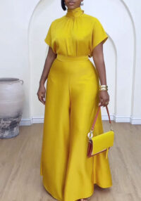 Satin Lace-Up Flying Sleeve Top Wide-Leg Pants Two-Piece Set