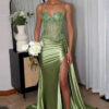 Satin Slit Sexy Evening Gown Strap Long Dress Slim Waist Slimming Ball Gown（Processing time need 3-6 days）