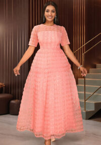 See-Through Round Neck Mesh Embroidery Elegant Party Long Dress