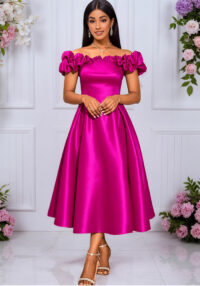 Sexy Off-Shoulder Ruffle Slim Waist A-Line Formal Party Wedding Bridesmaid Chic Midi Dress