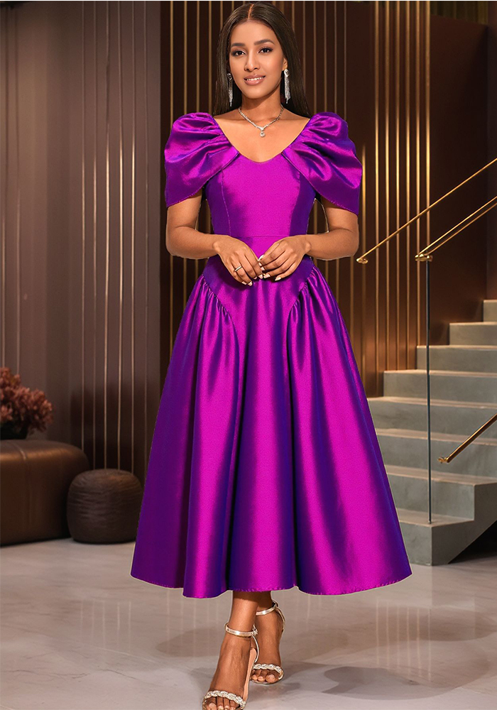 Sexy V-Neck Puff-Sleeve Evening Dress Chic Elegant A-Line Formal Gown