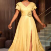 Sexy V-Neck Ruffle-Sleeve Party Dress Chic High-Waist Gold Evening Gown