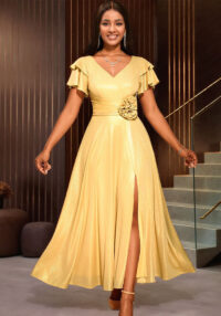 Sexy V-Neck Ruffle-Sleeve Party Dress Chic High-Waist Gold Evening Gown