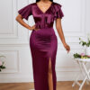 Sexy V-Neck Satin Party Dress Flounce Slim Fit Slit Bodycon Long Dress