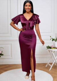Sexy V-Neck Satin Party Dress Flounce Slim Fit Slit Bodycon Long Dress